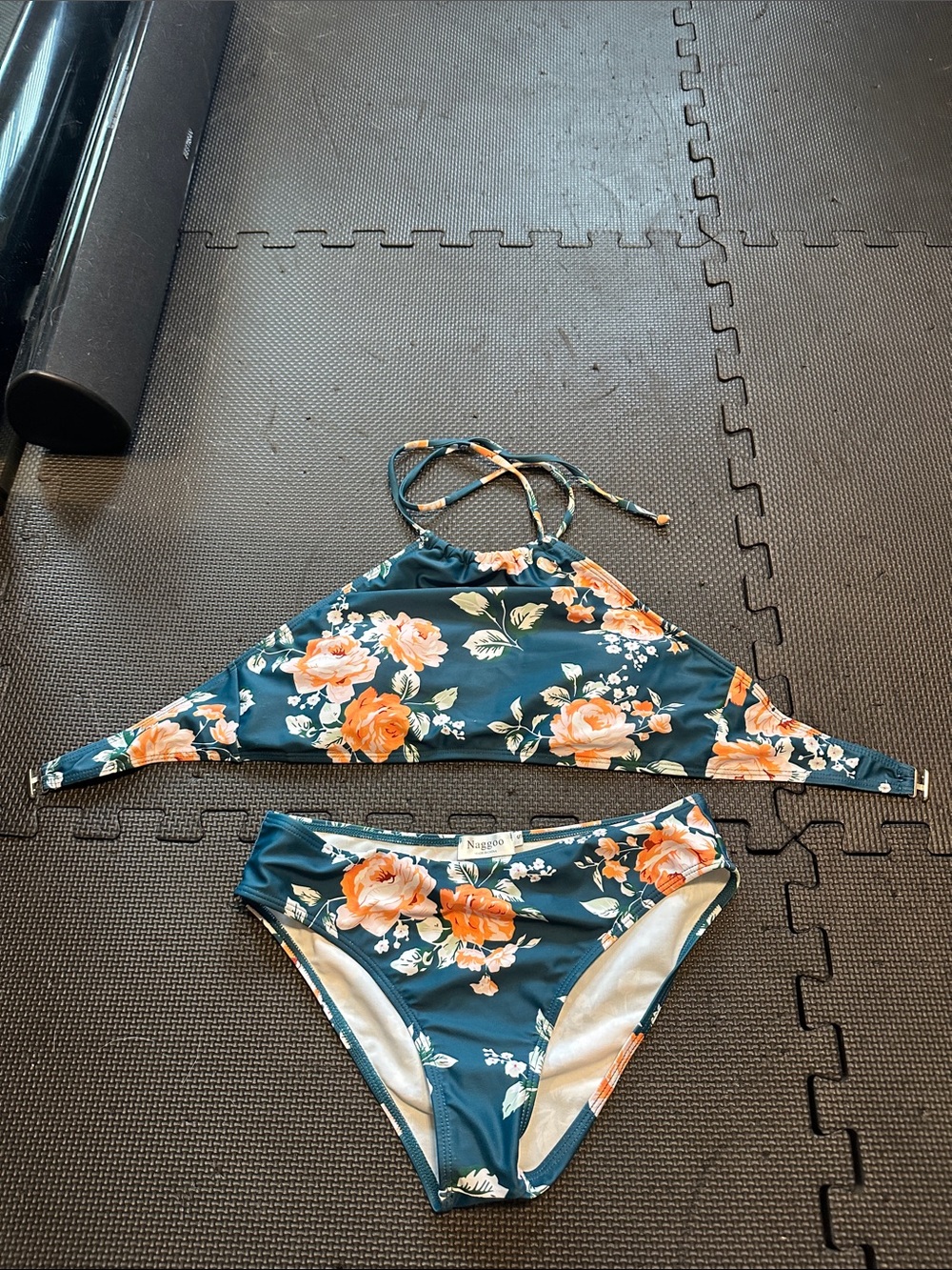 Floral High-Neck Bikini Set in Teal with Coral Roses